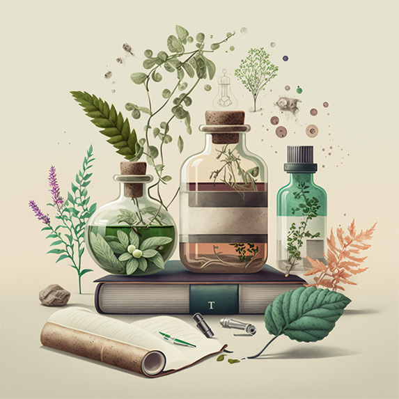 La scène représente un mélange harmonieux d'huiles essentielles et d'herbes médicinales, disposés sur un fond neutre. Les différents flacons, pots et bocaux sont soigneusement alignés et disposés de manière stratégique pour représenter la variété des ingrédients utilisés en aromathérapie et en phytothérapie. La composition est complétée par des livres et un ordinateur portable, témoignant de l'importance de la science et de la technologie dans le développement des techniques thérapeutiques modernes. L'ensemble est baigné d'une douce lumière, qui crée une atmosphère relaxante et sereine, reflétant le calme et la sagesse de la pratique de l'aromathérapie et de la phytothérapie.