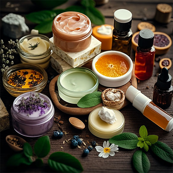 L'image montre des produits cosmétiques à base de plantes et des produits cosmétiques dans une variété de couleurs et de formes. Les produits sont répartis sur une table en bois et présentés avec élégance. Les produits sont faits à partir d'ingrédients naturels tels que des plantes, des huiles et des herbes, et sont conçus pour nourrir, protéger et adoucir la peau. Certains produits incluent des baumes à lèvres, des crèmes hydratantes, des exfoliants, des baumes et des masques. Les produits cosmétiques à base de plantes sont considérés comme étant bénéfiques pour la santé et la beauté de la peau car ils sont naturels et exempts de produits chimiques nocifs.