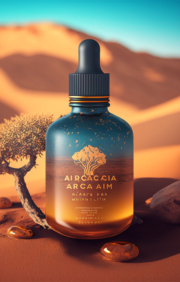 Huile d'argan, cosmétologie, peau lumineuse, texture huileuse, effets nourrissants, propriétés hydratantes, visage radieux, arganier, désert marocain, style minimaliste, lumière naturelle, contraste chaud-froid, effet de goutte d'huile.