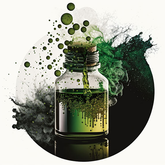 Le sujet est un mélange d'antimicrobiens et d'huiles essentielles. Le fond est sombre et métallique, rempli d'ombres et de lumière. Au centre, une goutte d'huile essentielle de couleur verte s'écoule dans une petite flaque métallique. À l'arrière-plan, des particules microscopiques qui représentent des bactéries et des microorganismes flottent dans un nuage blanc. Le message que l'image veut transmettre est clair : les huiles essentielles sont une alternative sûre et efficace aux antibiotiques chimiques conventionnels et offrent une solution fiable pour lutter contre les bactéries et les microorganismes.
