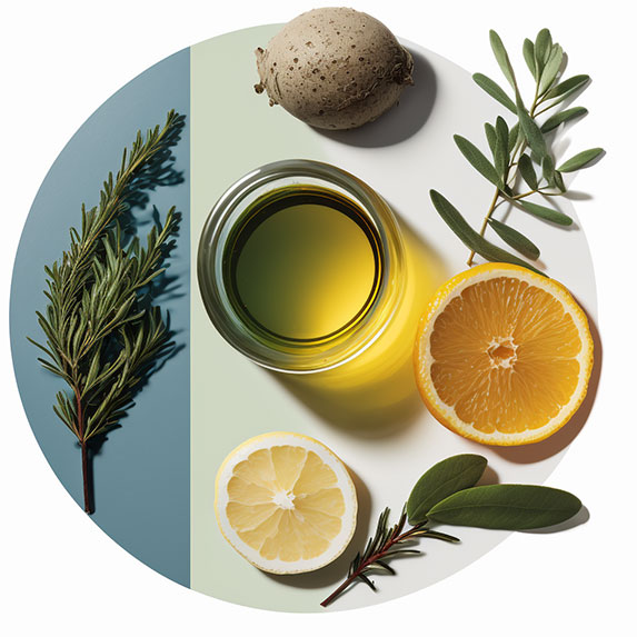 Une image montre une variété d'huiles essentielles et d'extraits de plantes, notamment le citron, l'arbre à thé et le romarin, répartis sur une surface en verre. Les huiles sont brillantes et lumineuses, et les teintes varient du jaune citron au vert pâle en passant par le bleu-gris. Les émulsions cosmétiques qui les contiennent sont lumineuses et envoûtantes, avec des senteurs sucrées et herbacées. Les émulsions sont mélangées avec des agents antimicrobiens pour créer une formule hydratante et protectrice pour la peau. La texture est riche et crémeuse, et les couleurs variées des ingrédients sont visibles à travers la solution.
