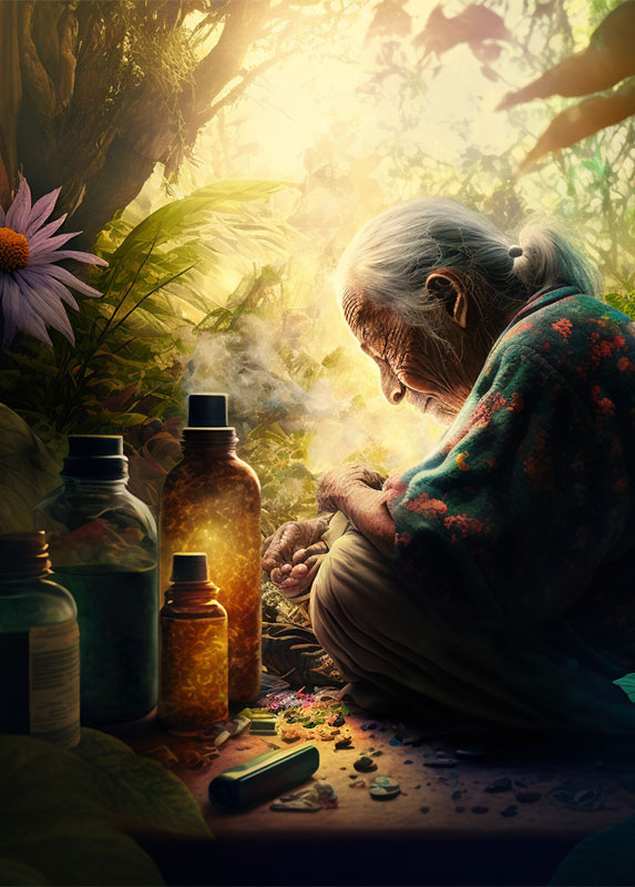 Une scène apaisante dans un jardin luxuriant, rempli de plantes médicinales et d'huiles essentielles. Les rayons du soleil filtrent à travers les feuilles, créant des motifs dansants sur le sol. Au centre de cette scène se trouve une personne âgée, assise sur un banc en bois, tenant un flacon d'huile essentielle dans une main et un flacon de pilules bioactives dans l'autre. La personne ferme les yeux, respire profondément et ressent immédiatement une sensation de soulagement dans ses articulations douloureuses. Cette image représente l'espoir et le potentiel thérapeutique des huiles essentielles et des composés bioactifs dans le traitement de l'arthrite, offrant une nouvelle perspective pour gérer la douleur et améliorer la qualité de vie. Les couleurs vives des plantes et des huiles se reflètent dans les yeux de la personne, symbolisant le rétablissement de sa santé physique et mentale.