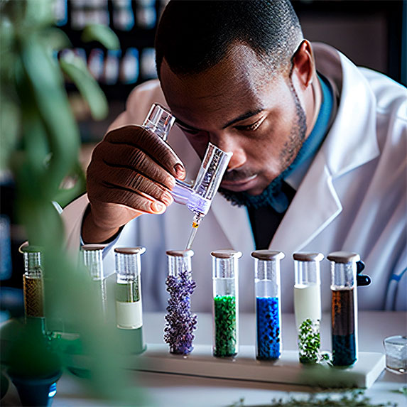 Une scène où un chercheur en blouse blanche se penche sur une série d'éprouvettes remplies d'huiles essentielles de lavande, de menthe poivrée et de romarin. Le laboratoire est rempli de lueurs bleues et vertes provenant des éprouvettes, créant une atmosphère apaisante. Le chercheur examine attentivement chaque éprouvette, notant les effets des huiles sur les cellules cérébrales dans un cahier de laboratoire. En arrière-plan, on peut voir des rayonnages remplis de bocaux d'huiles essentielles et des étiquettes soigneusement étiquetées indiquant leurs propriétés médicinales. Les résultats de l'expérience montrent comment ces huiles peuvent soulager les maux de tête et améliorer la qualité de sommeil, offrant une solution naturelle pour traiter les migraines.