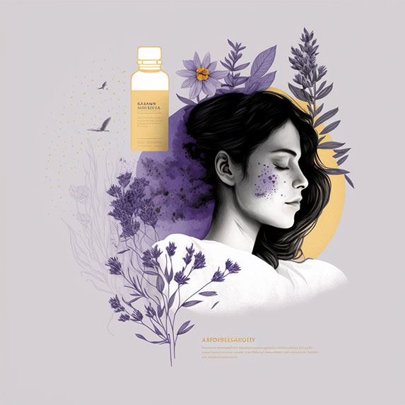 Aromathérapie, lavande, camomille, massage, détente, tranquillité, sommeil réparateur, peau apaisée, patients brûlés, anxiété apaisée, lueur tamisée, textures douces, style minimaliste, inspiration de l'art du tatouage japonais, utilisation de lignes épurées et de formes géométriques pour représenter l'effet thérapeutique, jouer avec les ombres pour créer une atmosphère apaisante.