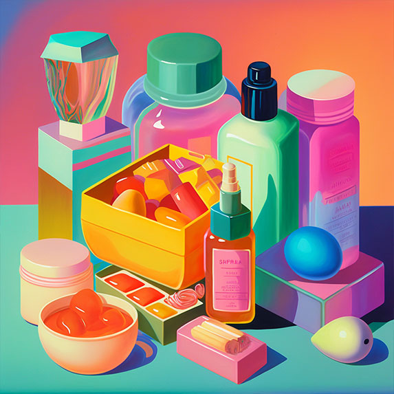 une scène à la fois réaliste et abstraite. Des couleurs vives, des textures variées et des formes intéressantes se mélangent pour créer une image unique. L’image capture l’innovation et la préservation des cosmétiques. Une variété de produits cosmétiques sont présentés dans ce tableau. Des pots, des bouteilles et des flacons remplis de crèmes, de parfums, de lotions et d’autres produits cosmétiques sont placés dans des boîtes en plastique transparentes. Les produits sont soigneusement disposés selon des couleurs et des styles variés et les étiquettes des produits sont visibles. Certaines des boîtes sont montées sur des supports en métal, tandis que d'autres sont placées sur des supports en bois. D'autres boîtes sont suspendues au plafond dans des configurations géométriques complexes