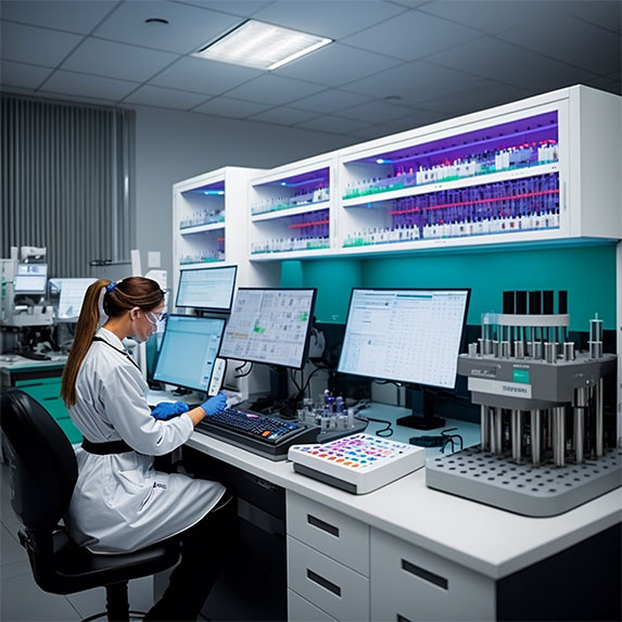 La scène est celle d'un laboratoire ultramoderne, rempli de tubes à essai et de flacons contenant des substances colorées. Au centre de la pièce se trouve un grand microscope, entouré d'écrans d'ordinateur et d'équipements de haute technologie. Des chercheurs en blouse blanche sont penchés sur des expériences, leurs expressions concentrées reflétant leur engagement à découvrir les dernières avancées en matière de cosmétiques. Les murs sont couverts de graphiques et de données, témoins d'années de recherche et de développement. Dans un coin, une étagère est remplie de produits finis, prêts à être testés et utilisés par les consommateurs avertis d'aujourd'hui. Il y a un sentiment de progrès et de découverte dans chaque coin de la pièce, reflétant la fusion de la science et de la beauté. 